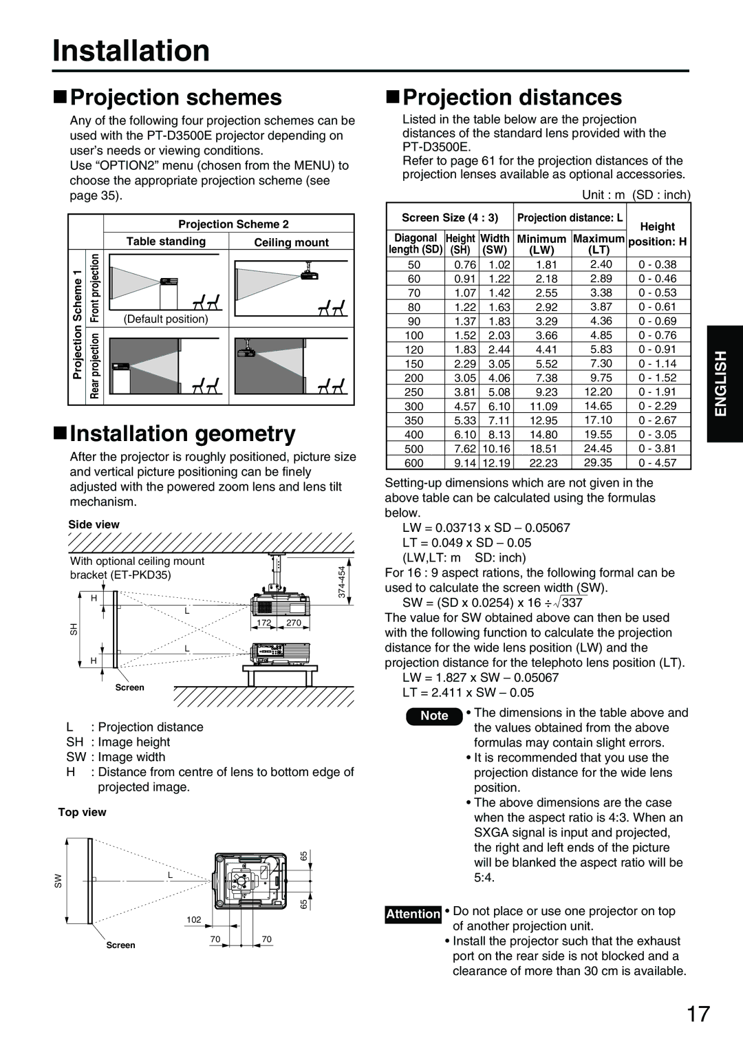 Panasonic PT-D3500E manual Projection schemes, Installation geometry, Projection distances 