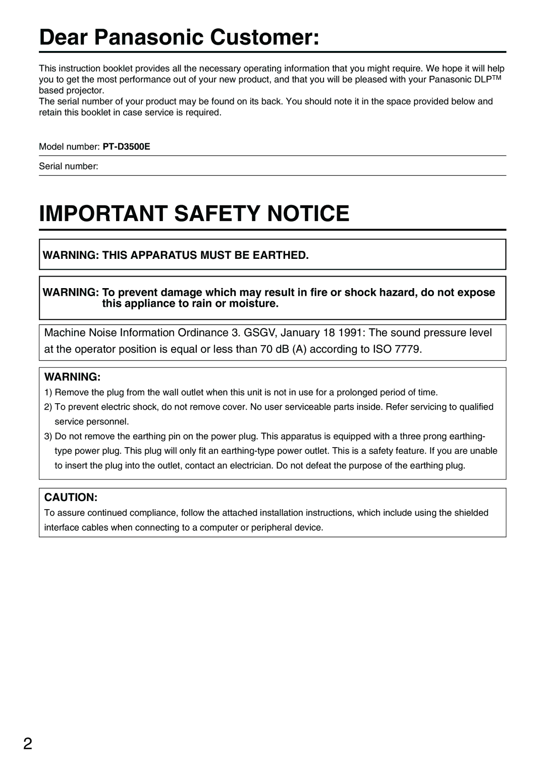 Panasonic PT-D3500E manual Dear Panasonic Customer, Important Safety Notice 