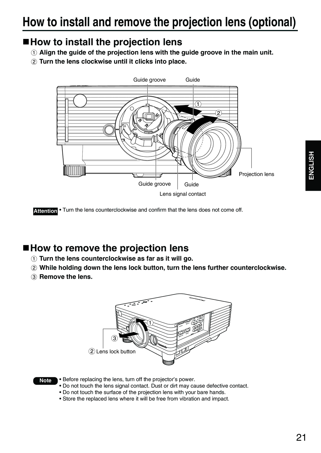 Panasonic PT-D3500E manual How to install the projection lens, How to remove the projection lens 