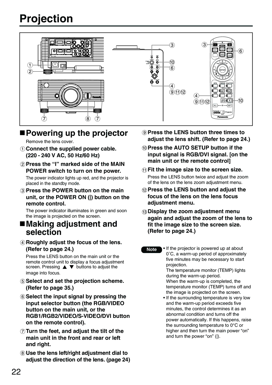 Panasonic PT-D3500E manual Powering up the projector, Making adjustment and selection 