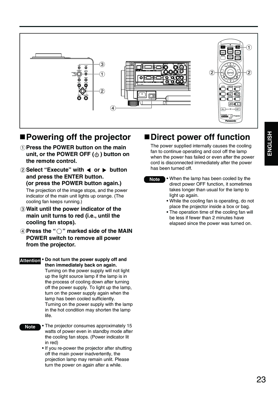 Panasonic PT-D3500E manual Powering off the projector, Direct power off function 