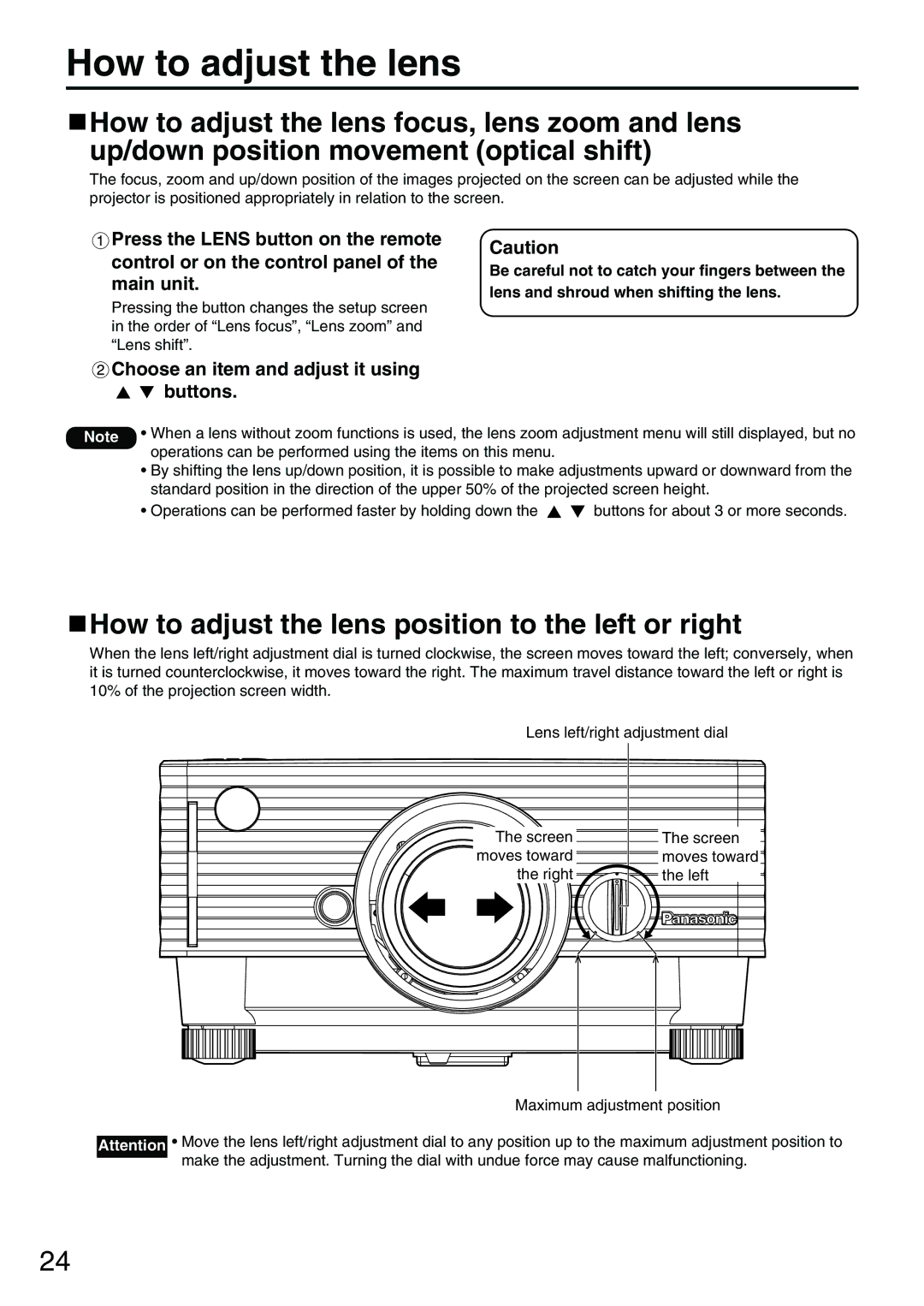 Panasonic PT-D3500E How to adjust the lens position to the left or right, Choose an item and adjust it using buttons 