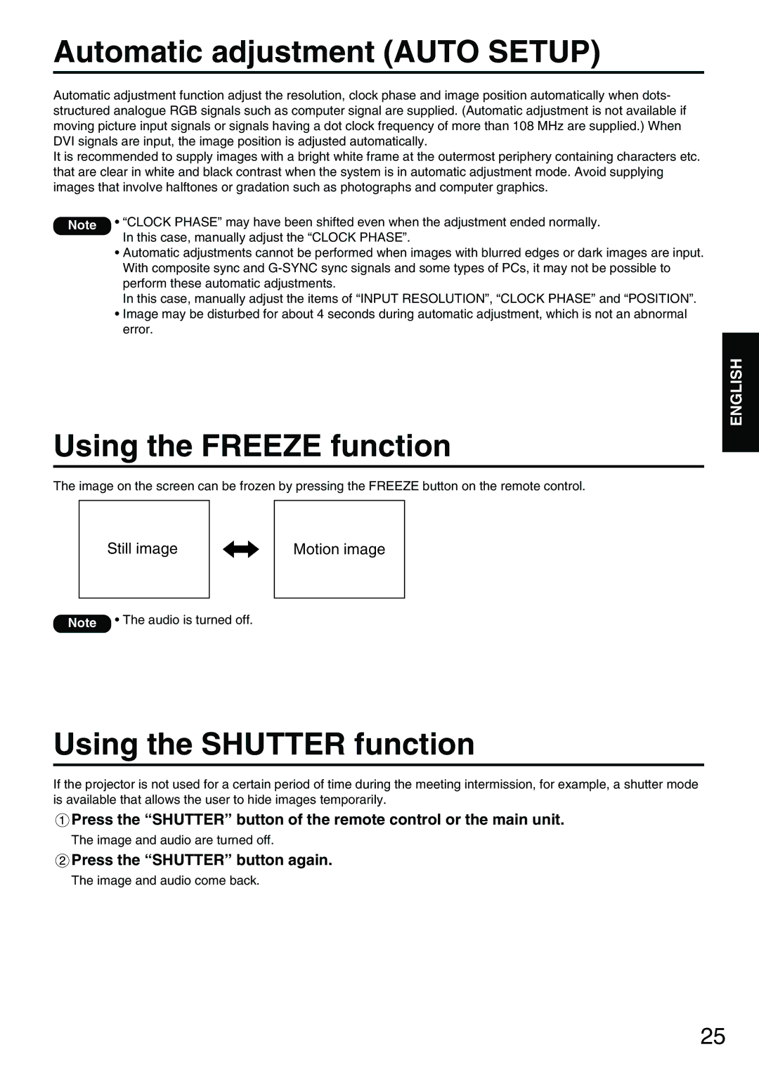 Panasonic PT-D3500E manual Automatic adjustment Auto Setup, Using the Freeze function, Using the Shutter function 