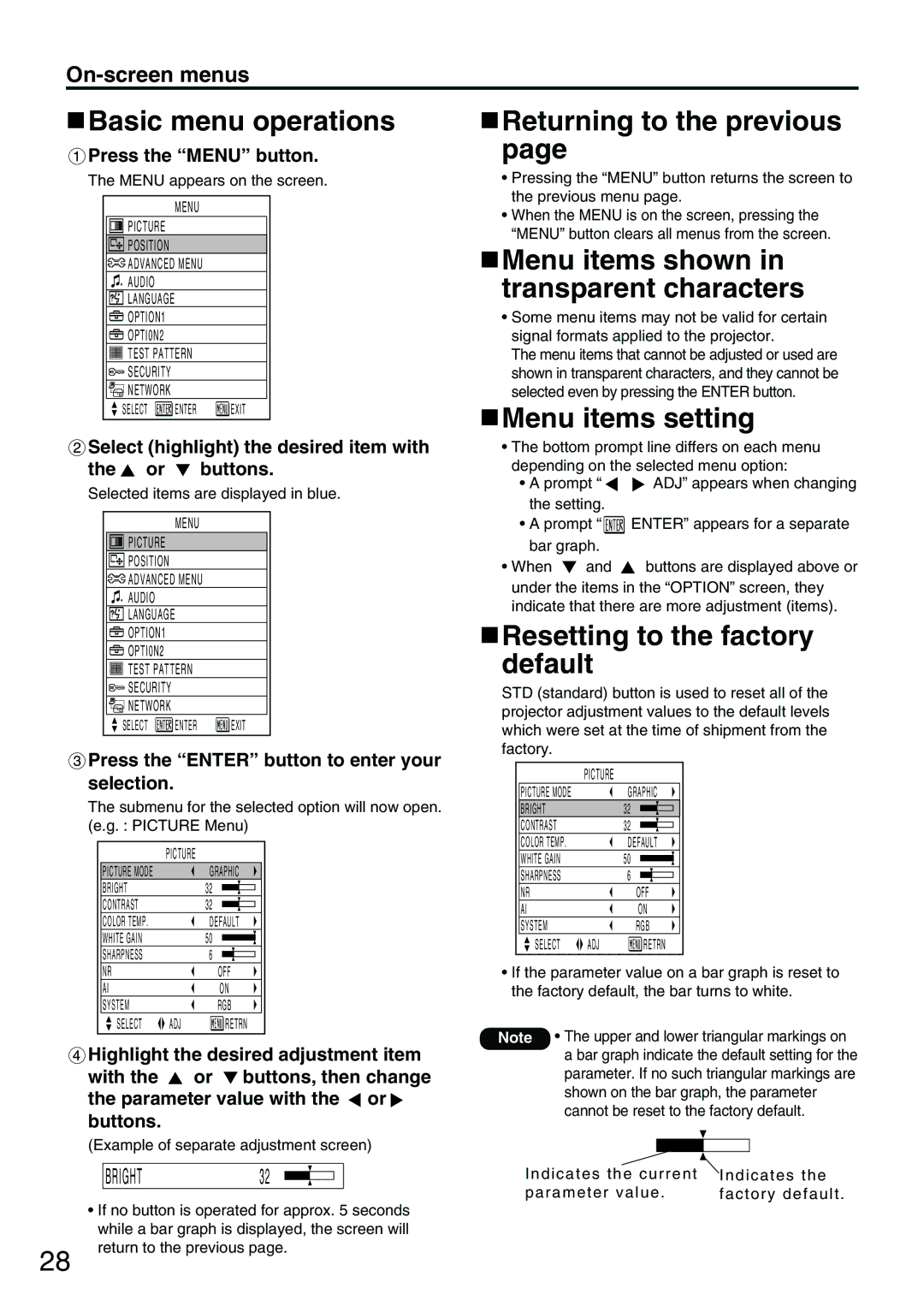 Panasonic PT-D3500E manual Basic menu operations, Returning to the previous, Menu items shown in transparent characters 