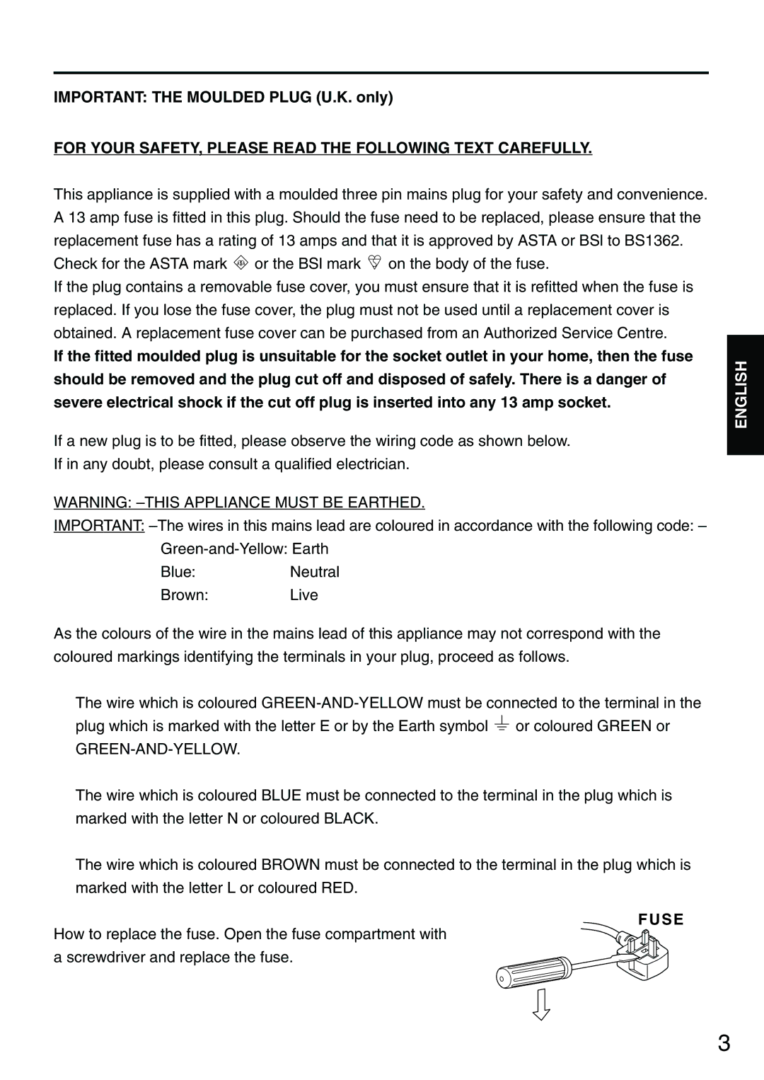 Panasonic PT-D3500E manual Important the Moulded Plug U.K. only, For Your SAFETY, Please Read the Following Text Carefully 