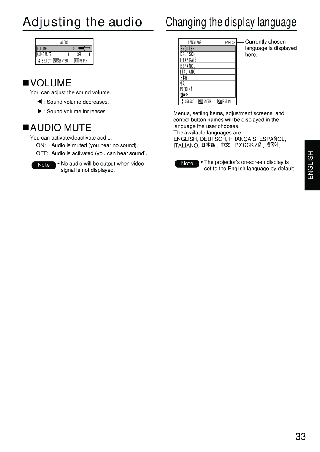 Panasonic PT-D3500E manual Adjusting the audio, Volume, Audio Mute 