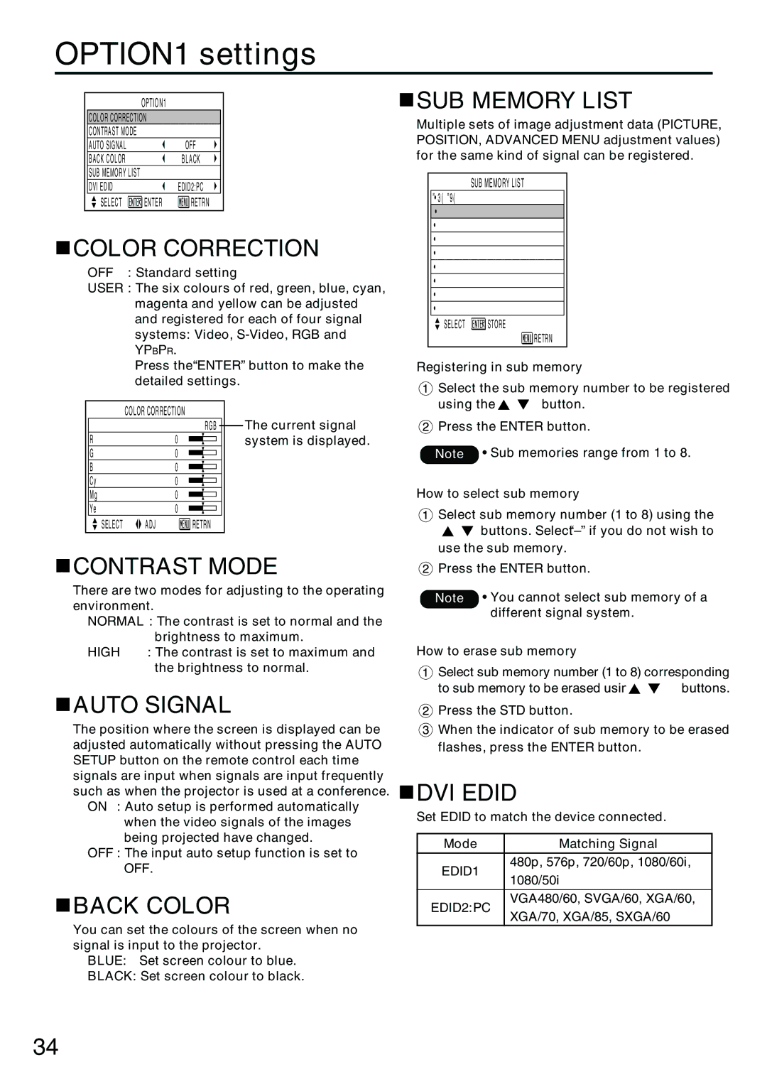 Panasonic PT-D3500E manual OPTION1 settings 