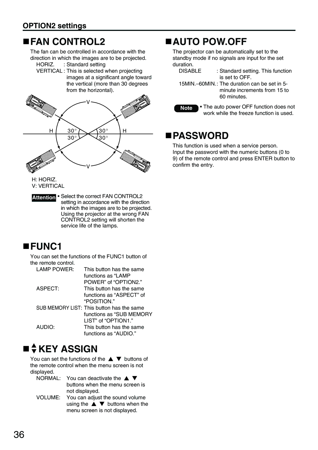 Panasonic PT-D3500E manual FAN CONTROL2, FUNC1, KEY Assign, Auto POW.OFF, Password 