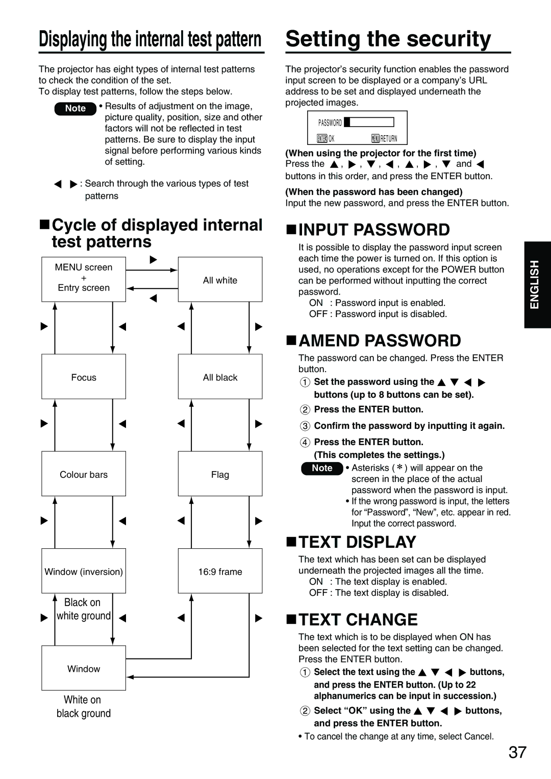 Panasonic PT-D3500E manual Setting the security, Input Password, Amend Password, Text Display, Text Change 