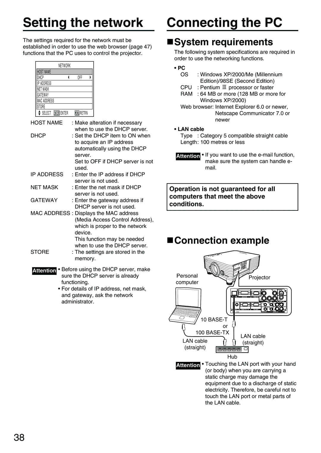 Panasonic PT-D3500E manual Setting the network, Connecting the PC, System requirements, Connection example, LAN cable 