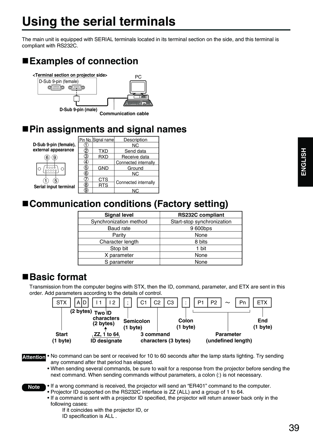 Panasonic PT-D3500E Using the serial terminals, Examples of connection, Pin assignments and signal names, Basic format 