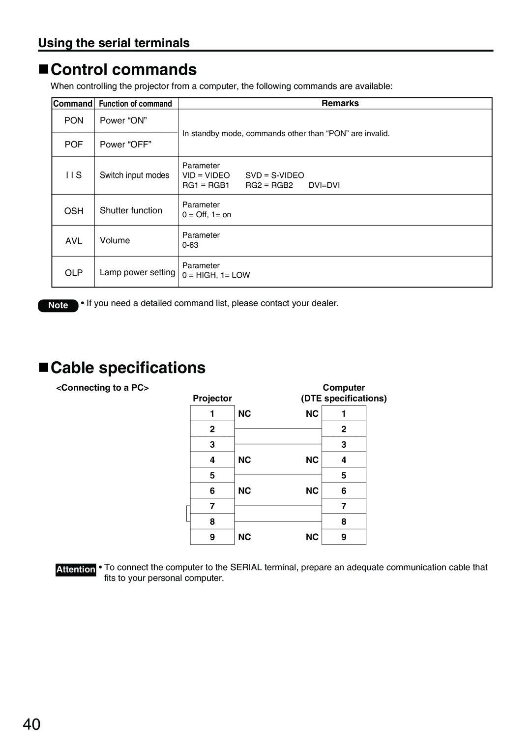 Panasonic PT-D3500E manual Control commands, Cable specifications, Remarks 