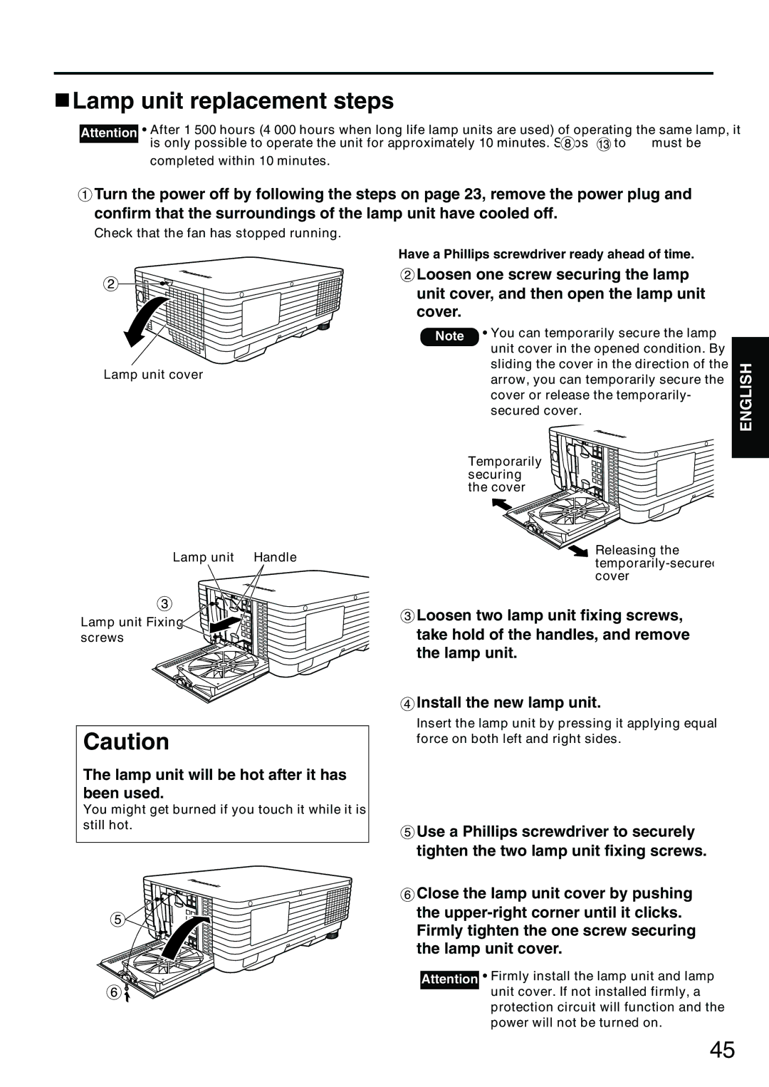 Panasonic PT-D3500E manual Lamp unit replacement steps, Lamp unit will be hot after it has been used 