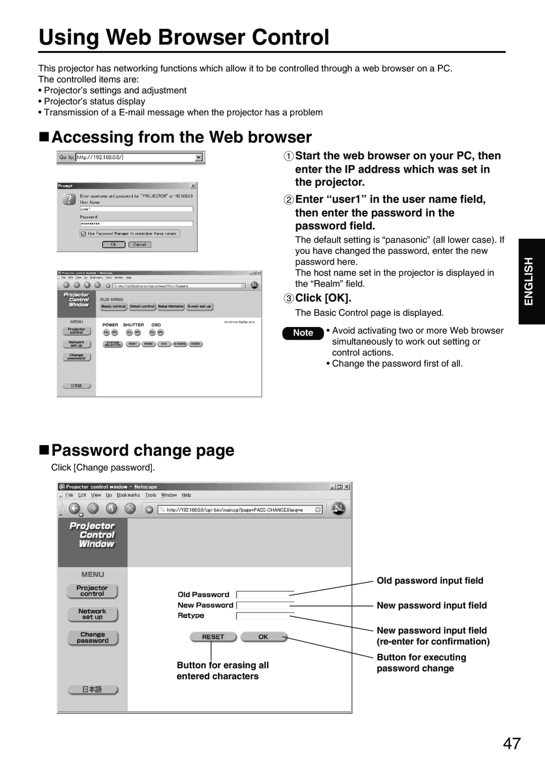 Panasonic PT-D3500E manual Using Web Browser Control, Accessing from the Web browser, Password change, Click OK 