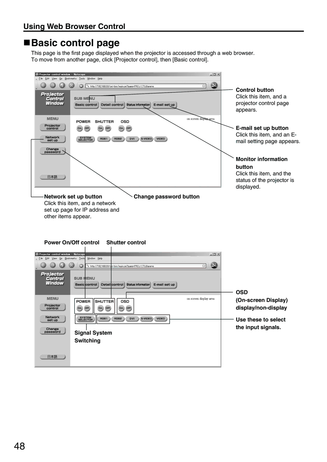 Panasonic PT-D3500E manual Basic control, Change password button Power On/Off control Shutter control 