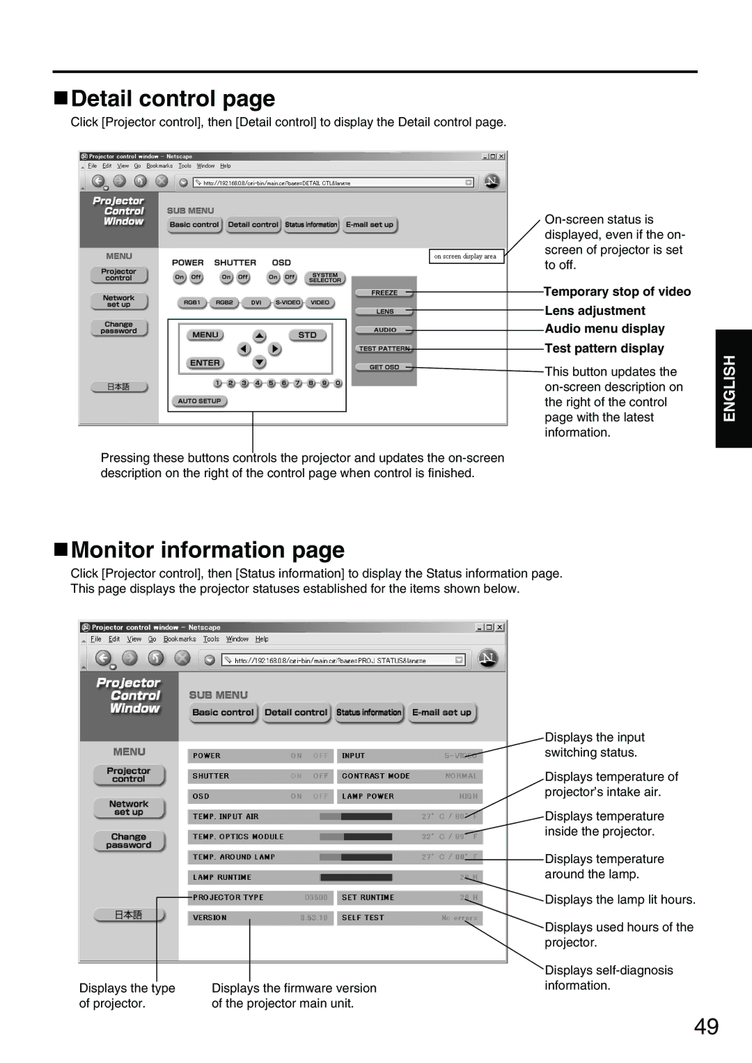 Panasonic PT-D3500E manual Detail control, Monitor information 