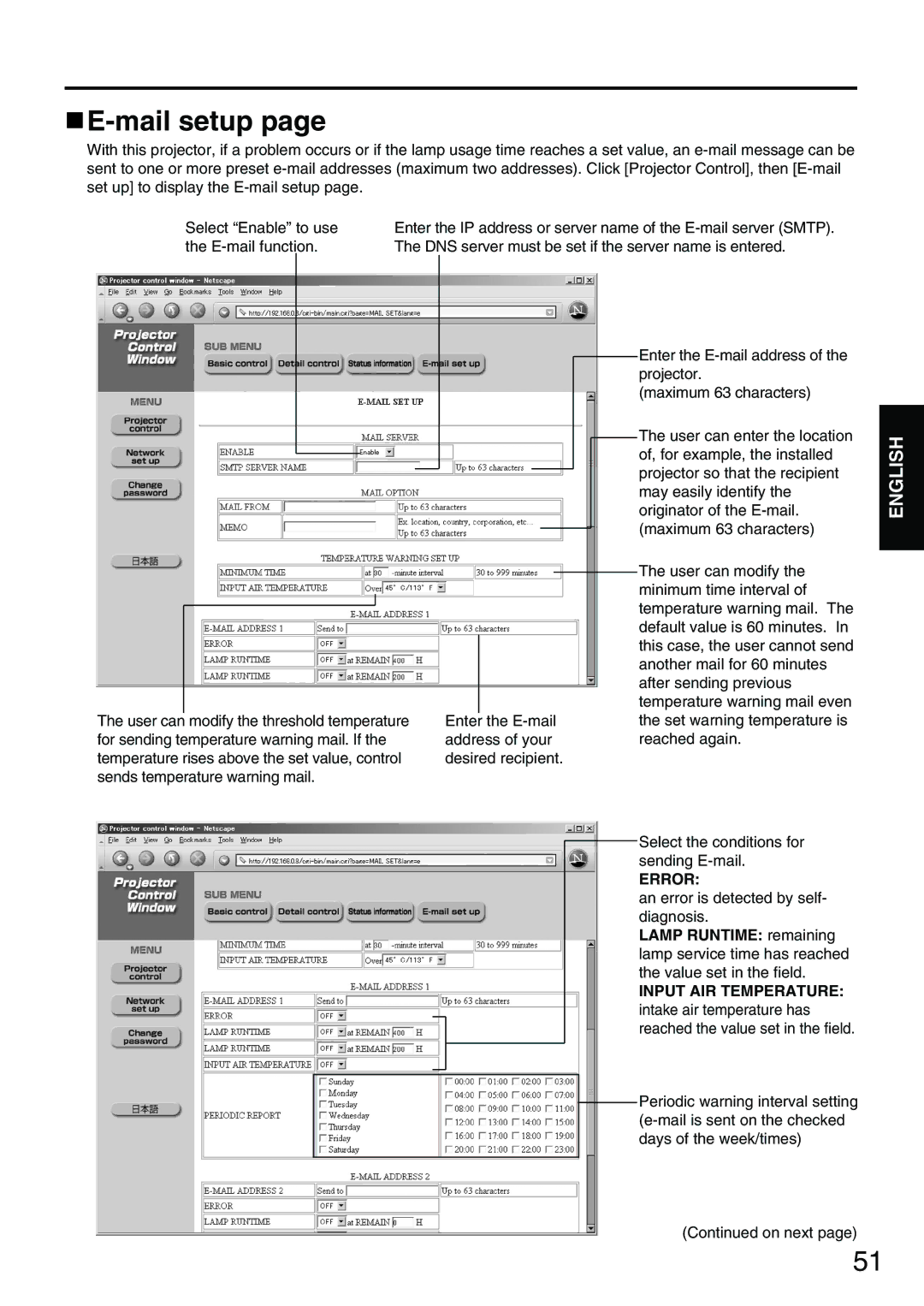 Panasonic PT-D3500E manual Mail setup, Lamp Runtime remaining 