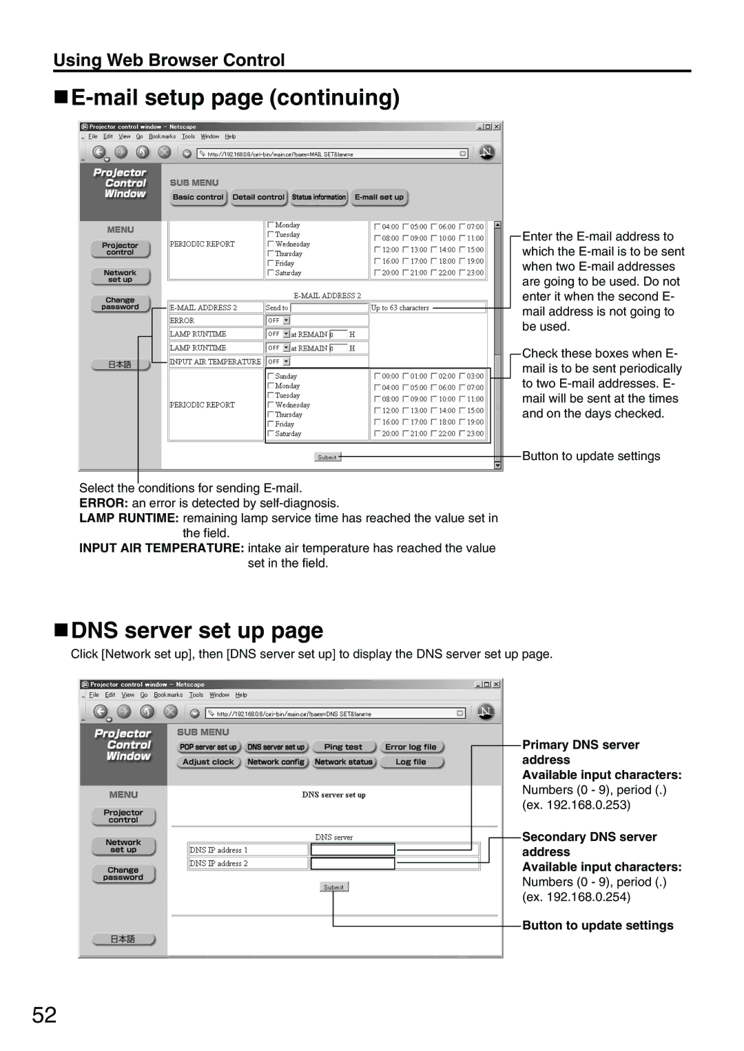 Panasonic PT-D3500E manual Mail setup page continuing, DNS server set up 