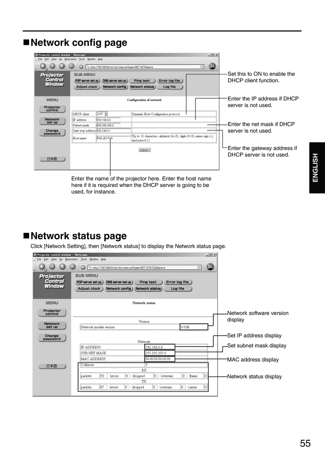 Panasonic PT-D3500E manual Network config, Network status 