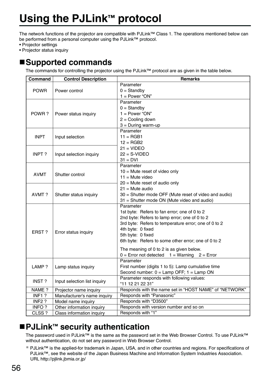 Panasonic PT-D3500E manual Using the PJLink protocol, Supported commands, PJLink security authentication 