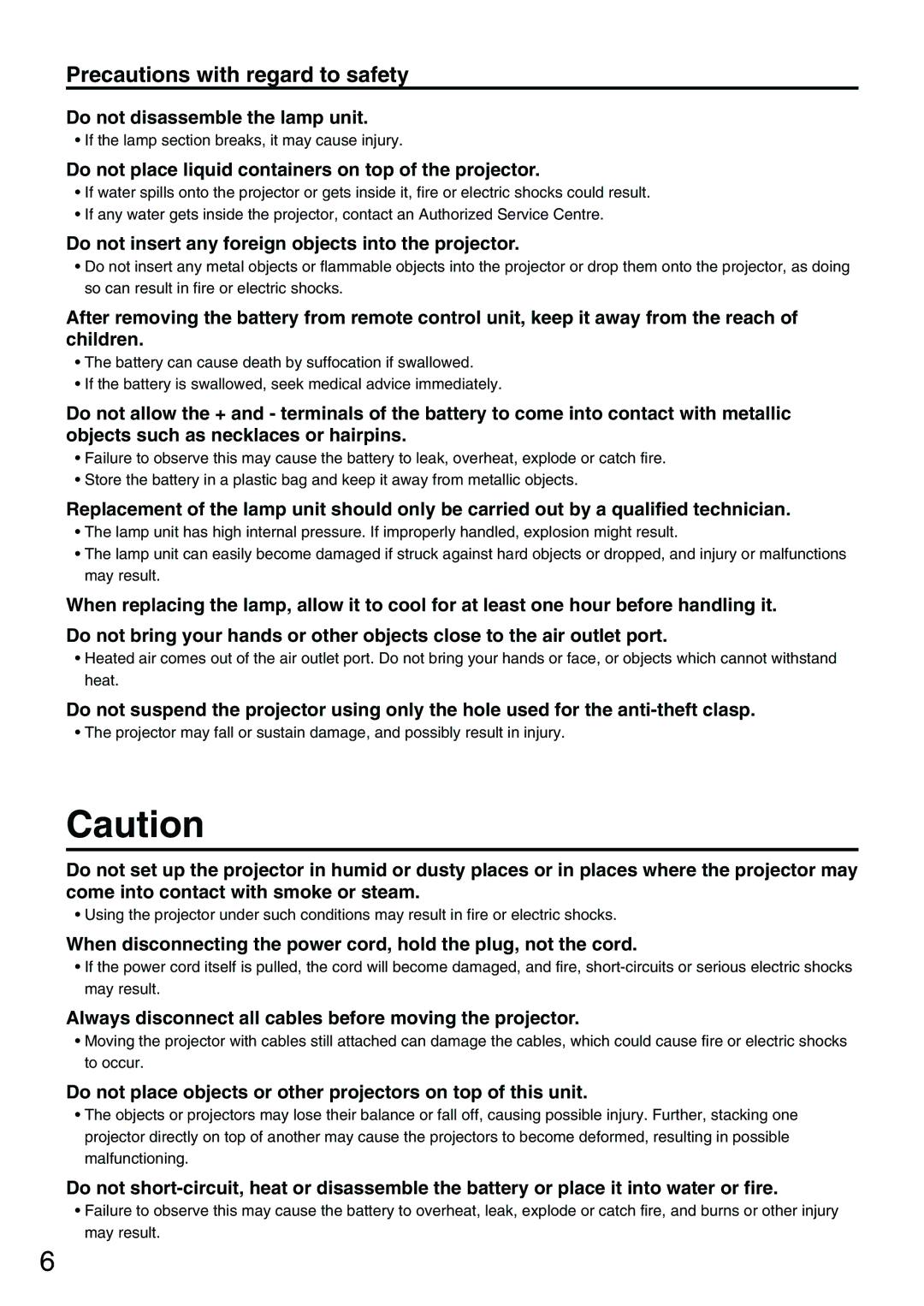 Panasonic PT-D3500E manual Do not disassemble the lamp unit, Do not place liquid containers on top of the projector 