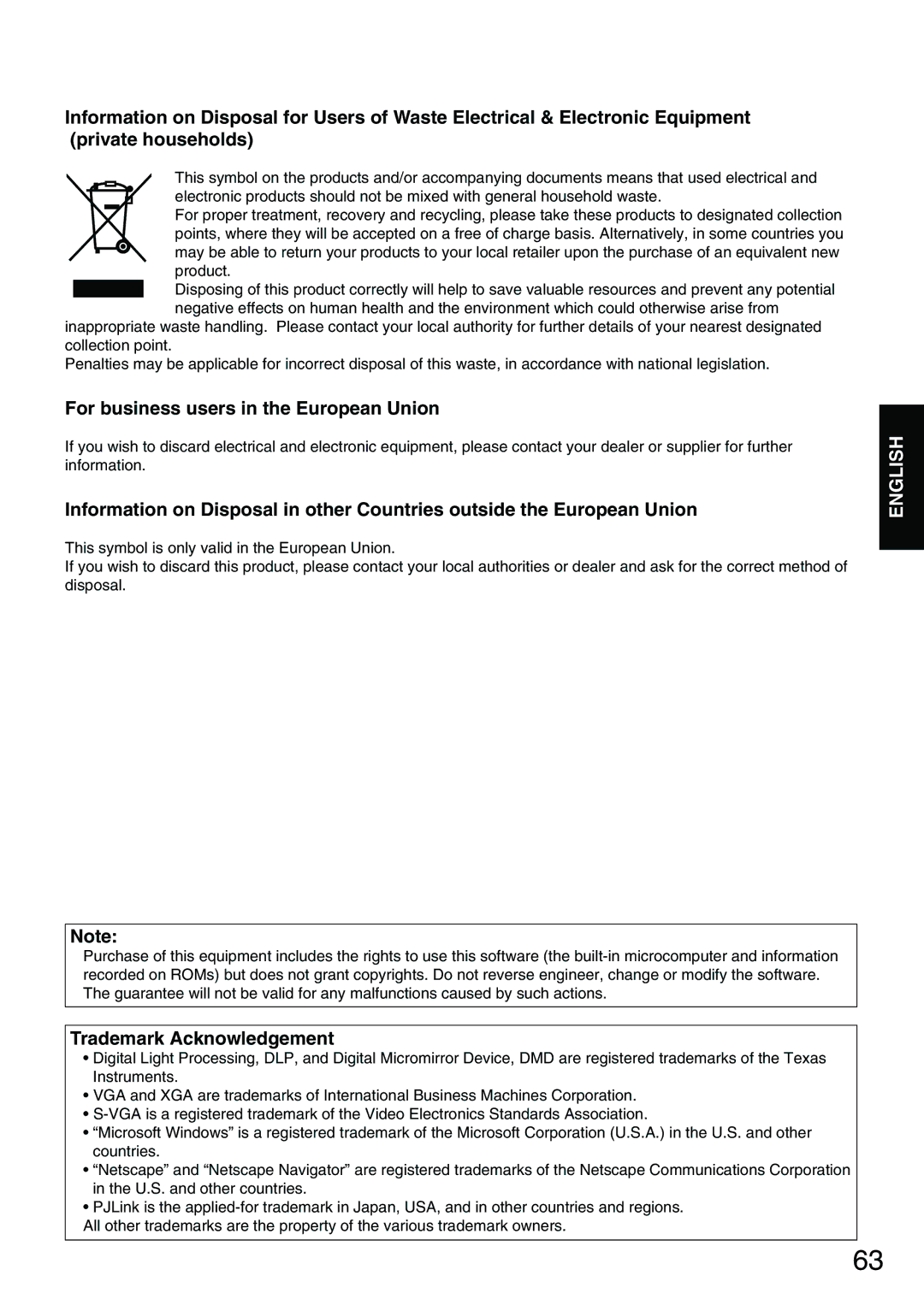 Panasonic PT-D3500E manual For business users in the European Union, Trademark Acknowledgement 