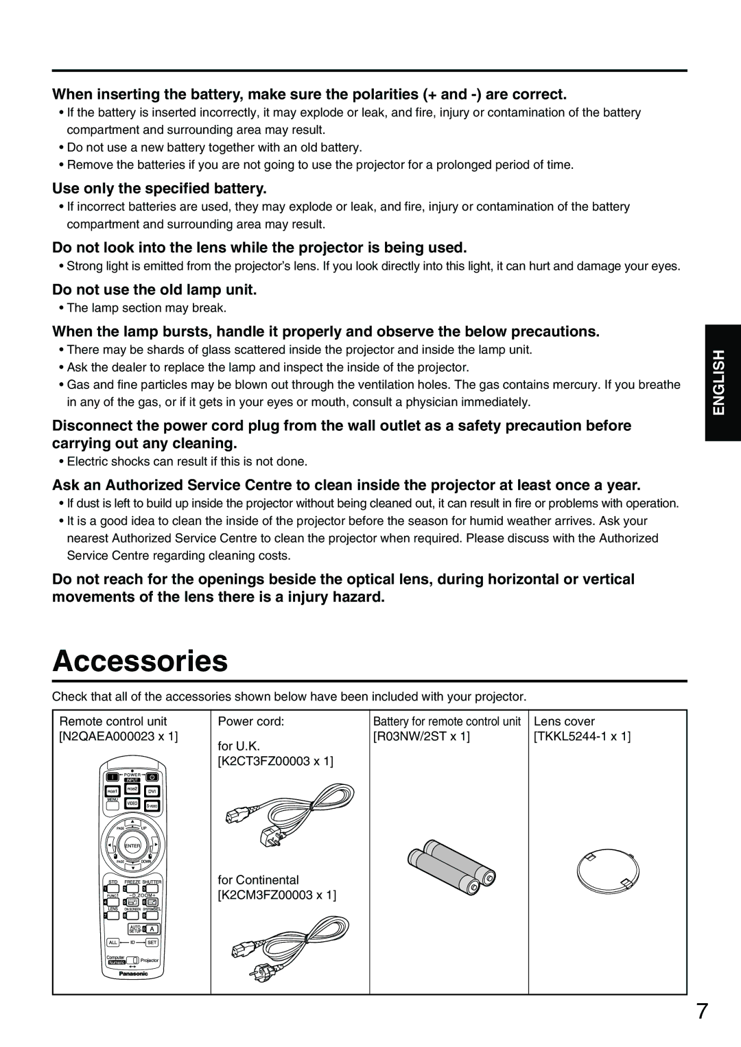 Panasonic PT-D3500E manual Accessories, Use only the specified battery, Do not use the old lamp unit 