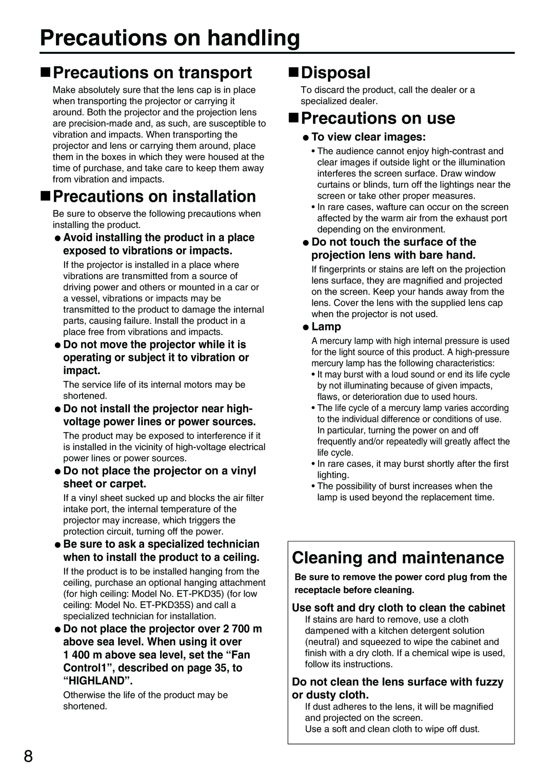 Panasonic PT-D3500E manual Precautions on handling 