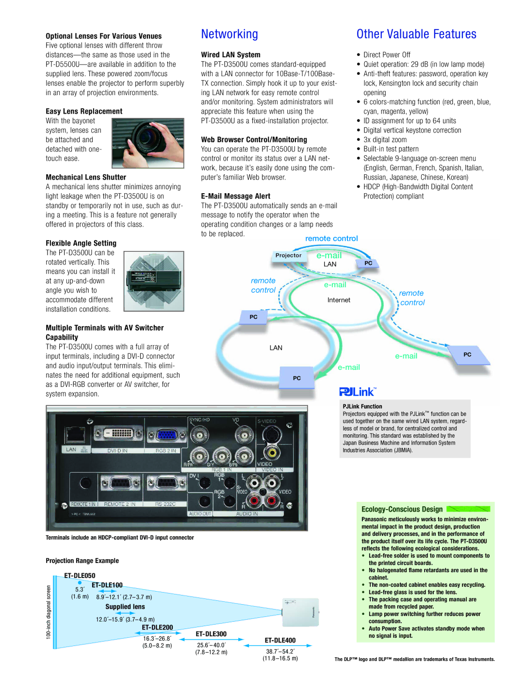 Panasonic PT-D3500U manual Networking, Other Valuable Features 