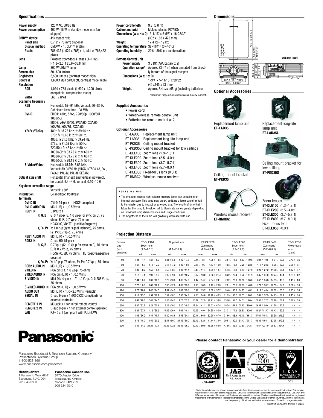 Panasonic PT-D3500U manual Specifications, Dimensions, Optional Accessories, Wireless mouse receiver 