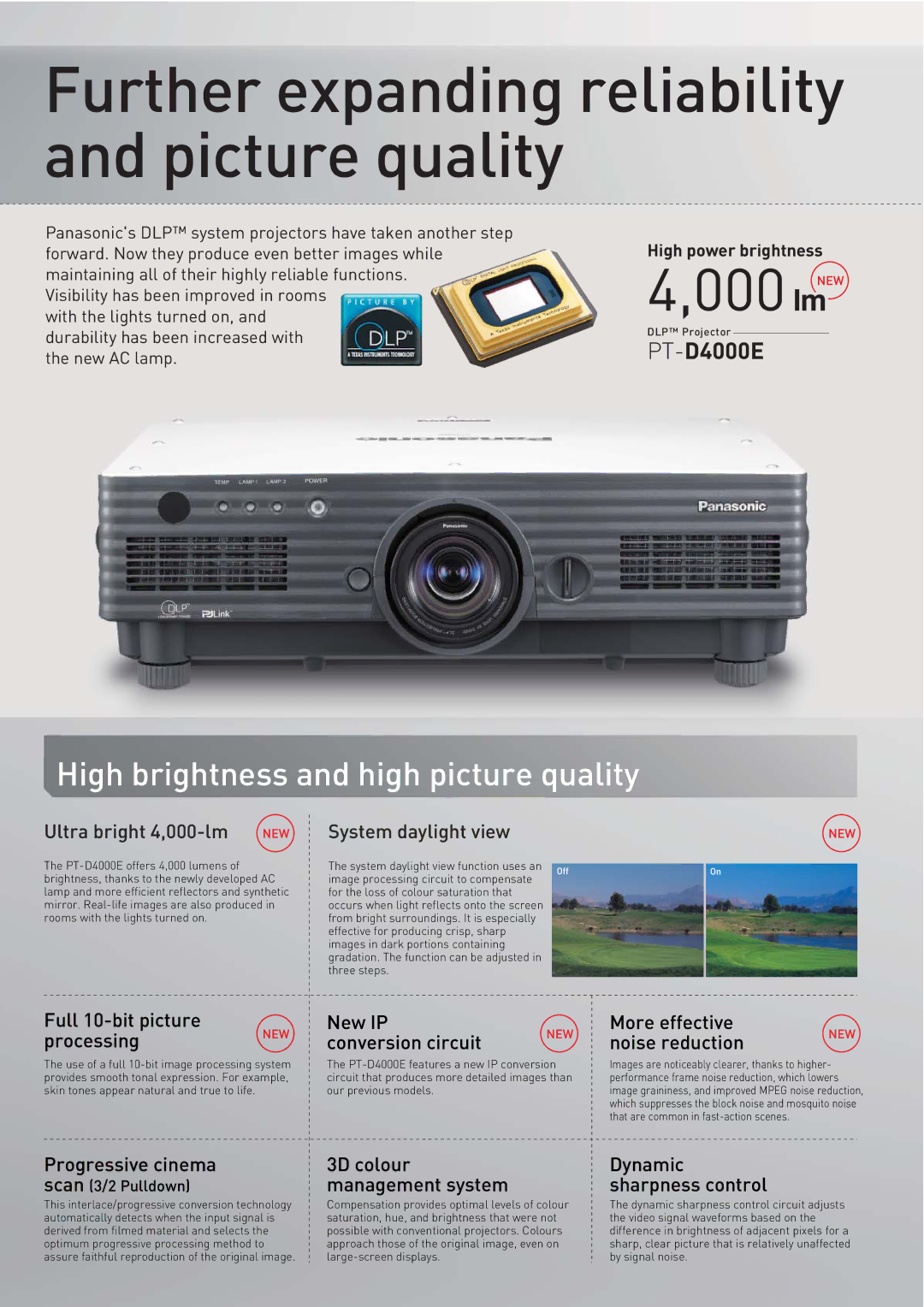 Panasonic PT-D4000E manual High brightness and high picture quality, Ultra bright 4,000-lm, System daylight view 