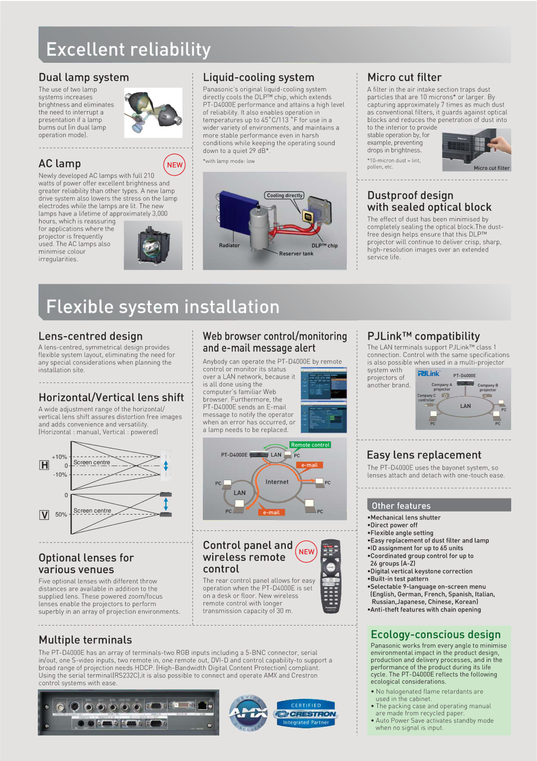 Panasonic PT-D4000E manual Excellent reliability, Flexible system installation 