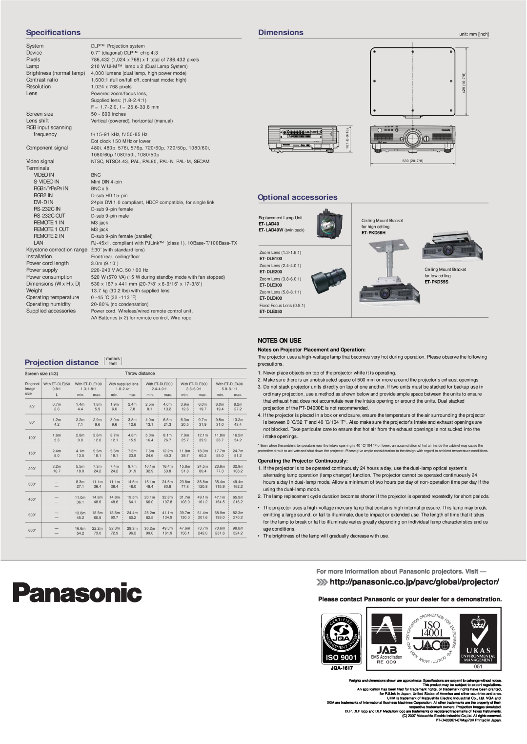 Panasonic PT-D4000E manual Specifications, Dimensions, Optional accessories, distance, Notes On Use 