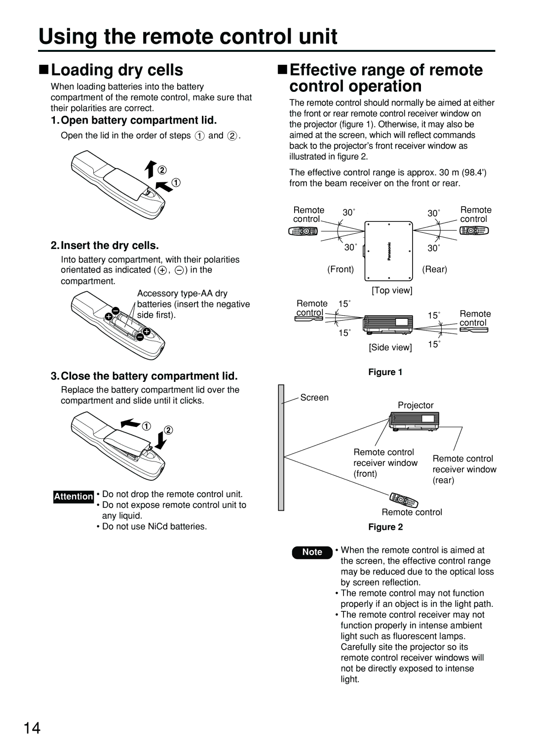 Panasonic PT-D4000U manual Using the remote control unit, Loading dry cells, Effective range of remote control operation 