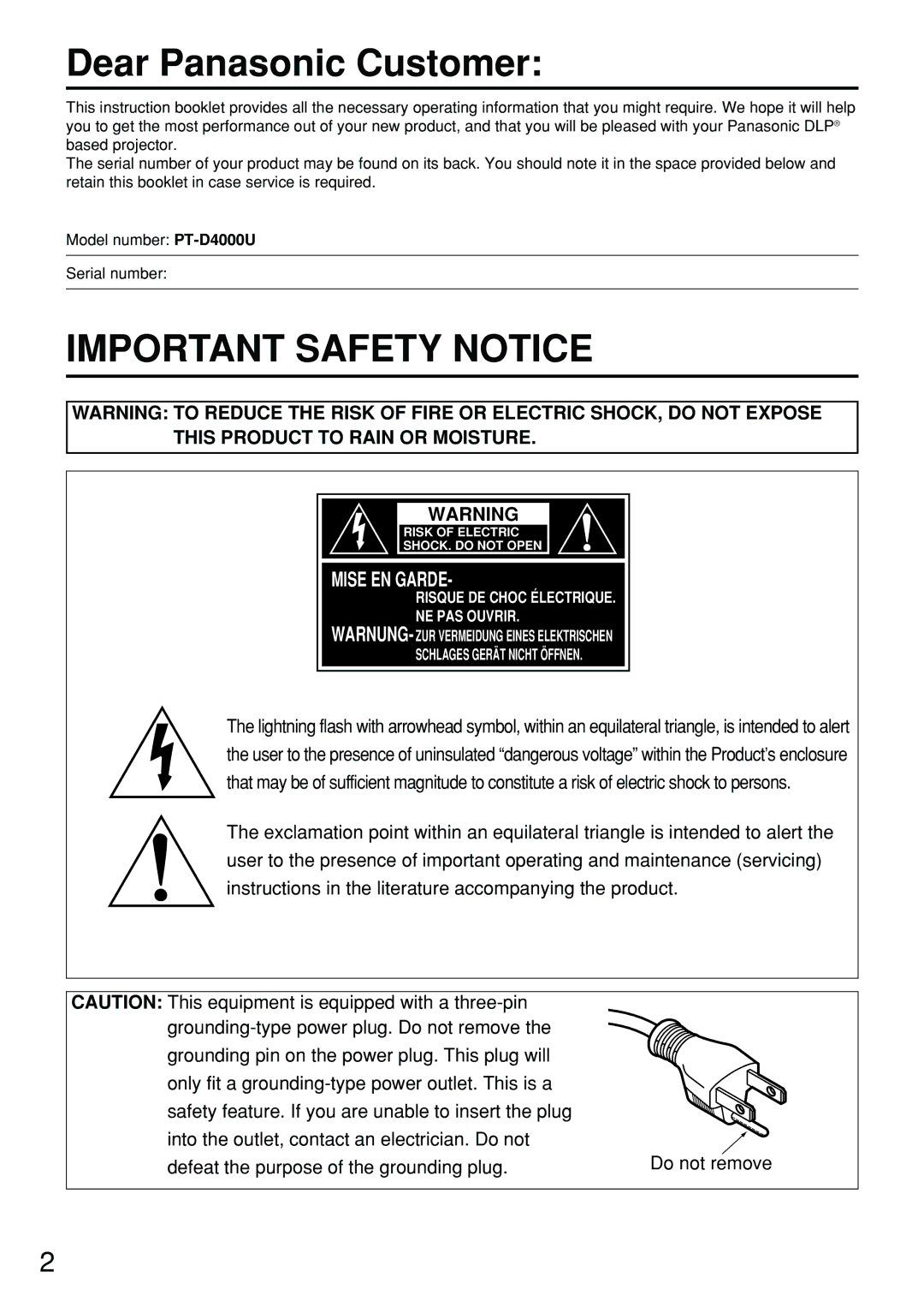 Panasonic PT-D4000U manual Dear Panasonic Customer, Important Safety Notice 