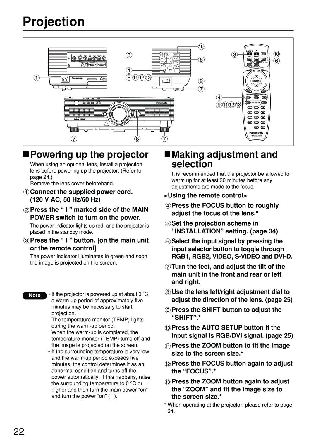 Panasonic PT-D4000U manual Projection, Powering up the projector, Making adjustment and selection 