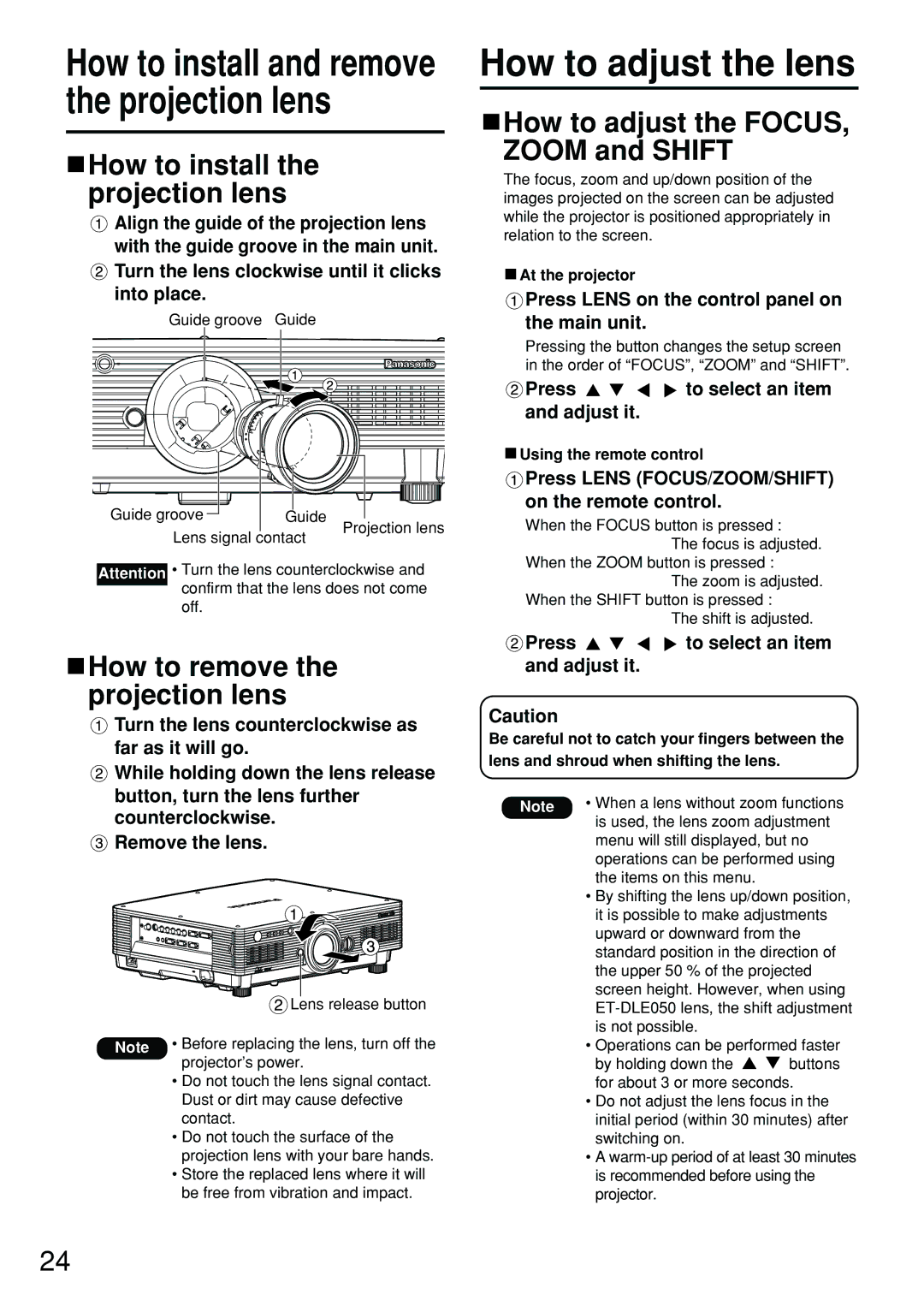 Panasonic PT-D4000U How to adjust the lens, How to adjust the FOCUS, Zoom and Shift, How to remove the projection lens 