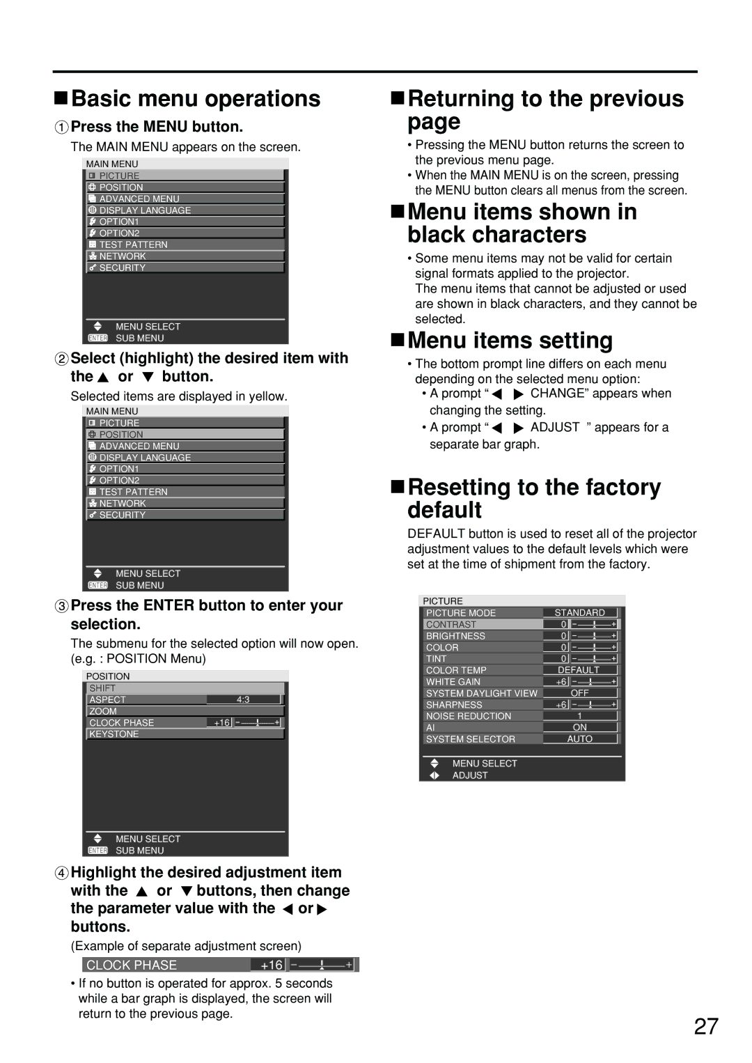 Panasonic PT-D4000U manual Basic menu operations, Returning to the previous, Menu items shown in black characters 