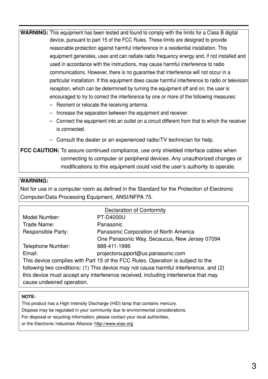 Panasonic PT-D4000U manual 