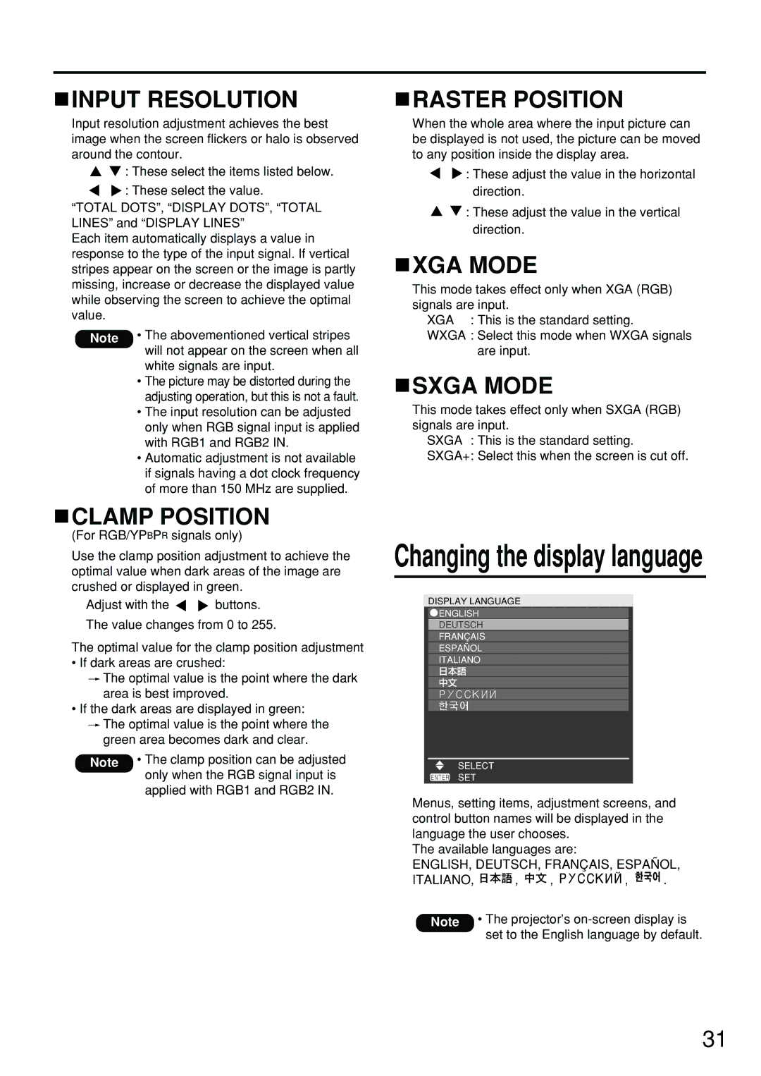 Panasonic PT-D4000U manual Input Resolution, Clamp Position, Raster Position, XGA Mode, Sxga Mode 