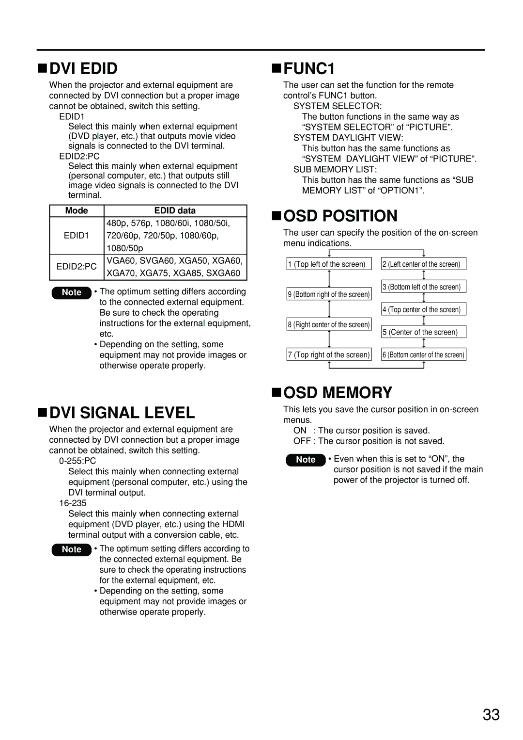 Panasonic PT-D4000U manual DVI Edid, FUNC1, OSD Position, DVI Signal Level, OSD Memory 