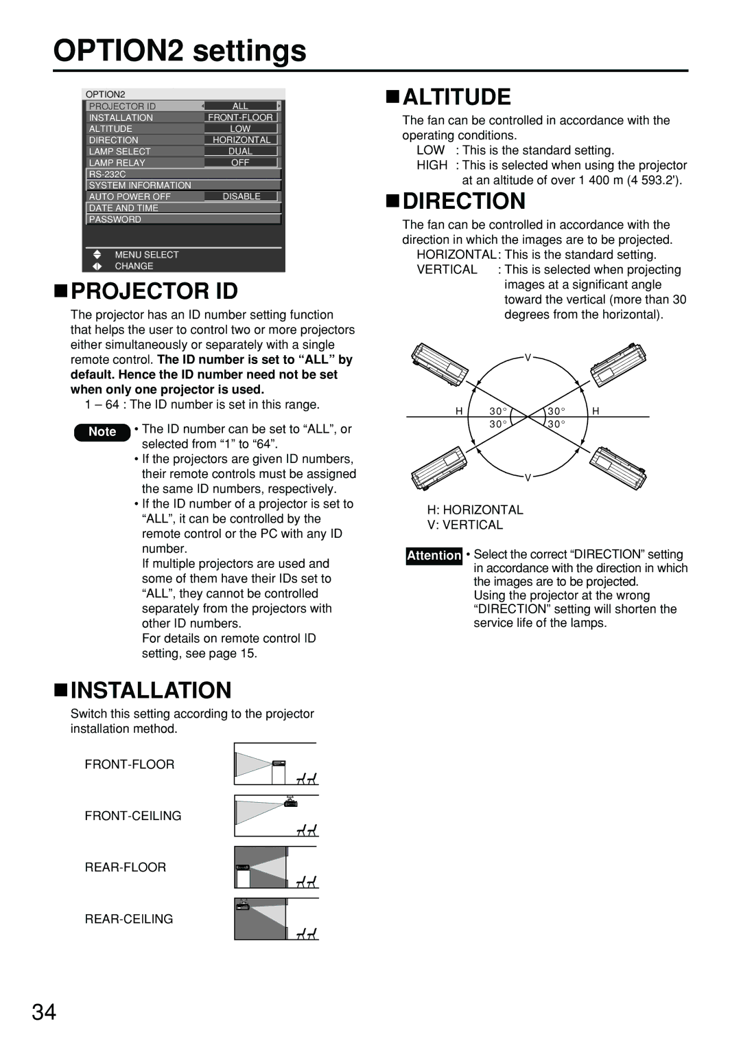 Panasonic PT-D4000U manual OPTION2 settings, Projector ID, Installation, Altitude, Direction 