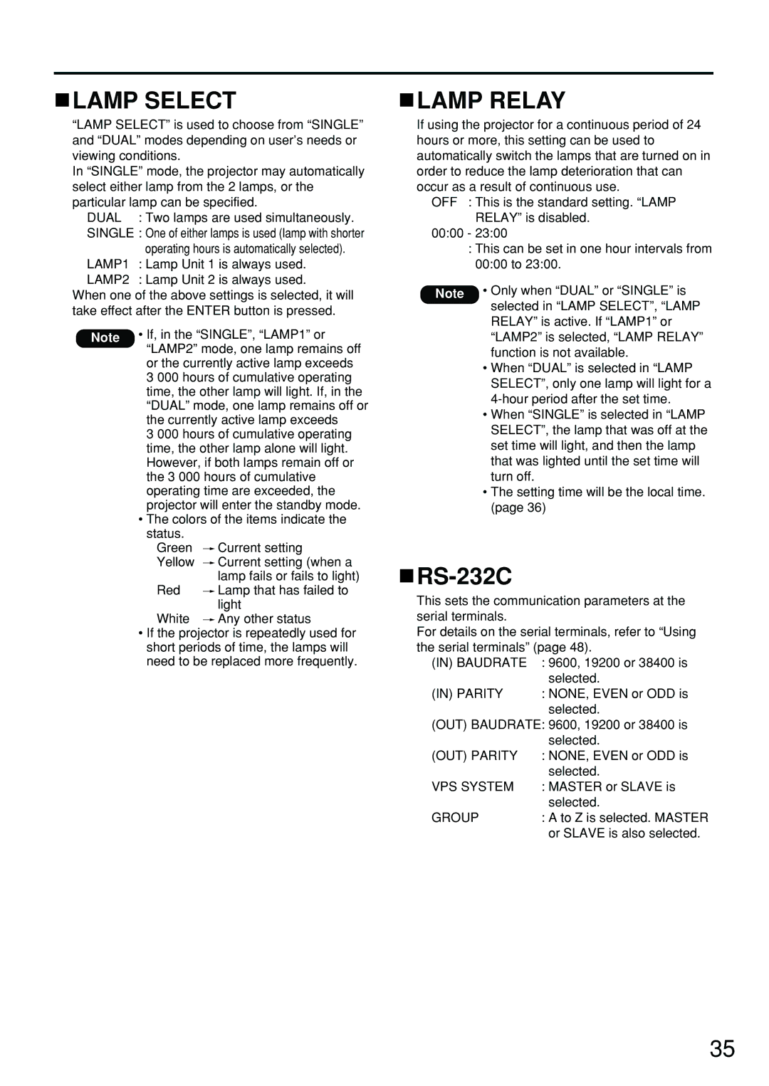 Panasonic PT-D4000U manual Lamp Select, Lamp Relay, RS-232C 