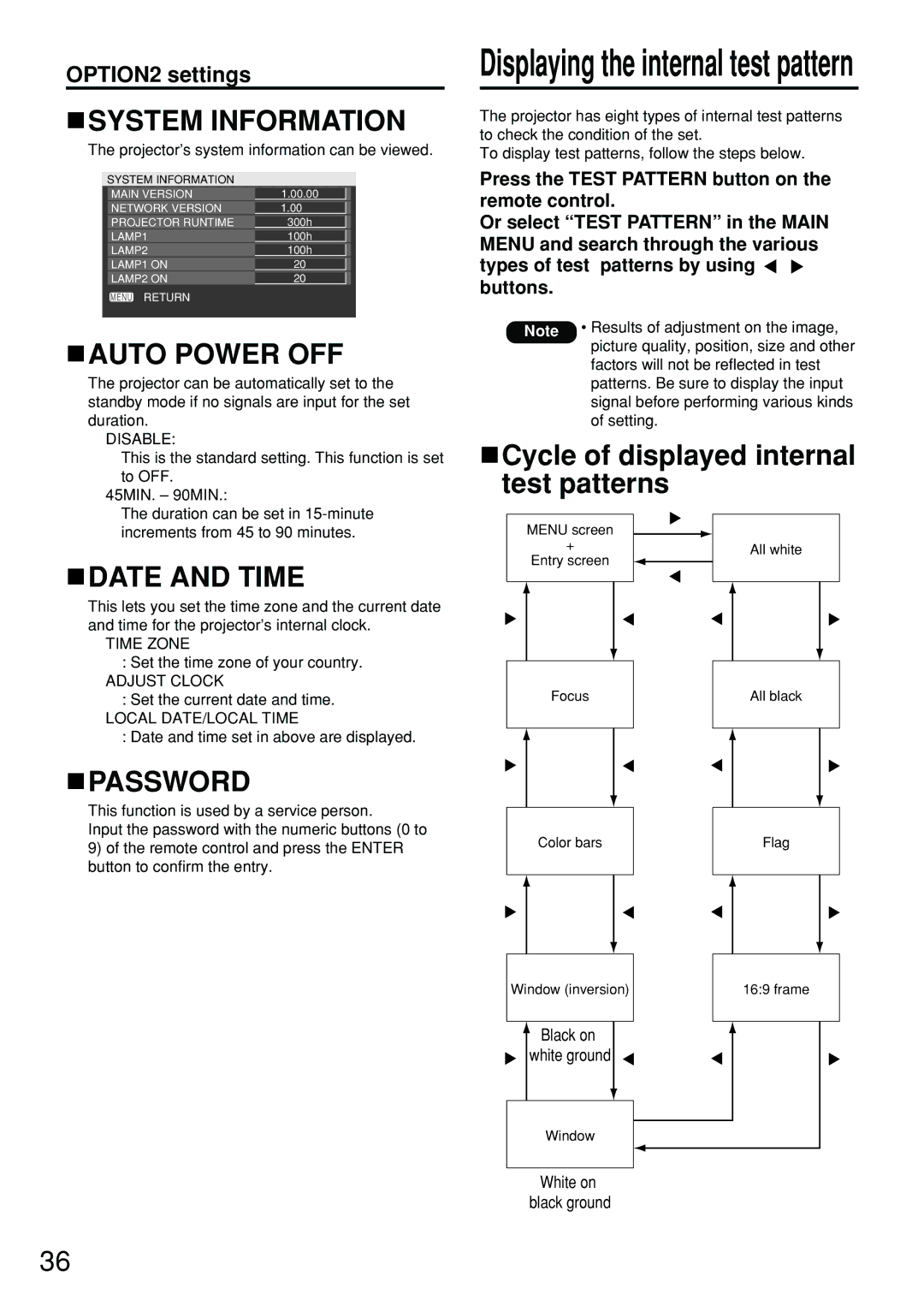 Panasonic PT-D4000U System Information, Auto Power OFF, Date and Time, Cycle of displayed internal test patterns, Password 