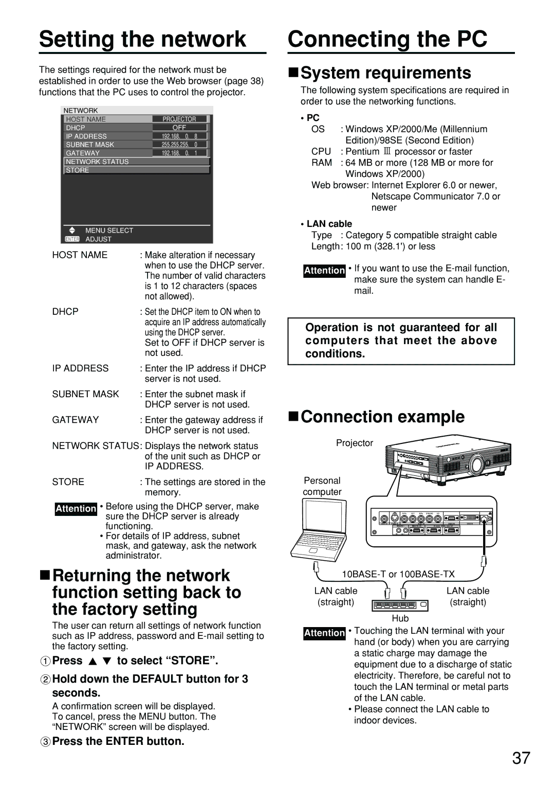 Panasonic PT-D4000U manual Setting the network, Connecting the PC, System requirements, Connection example 