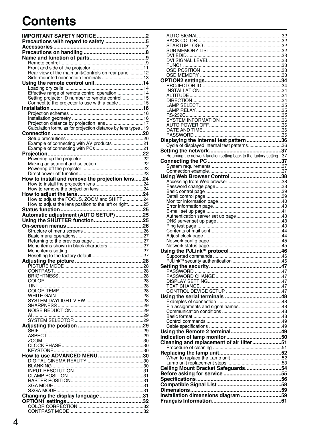 Panasonic PT-D4000U manual Contents 