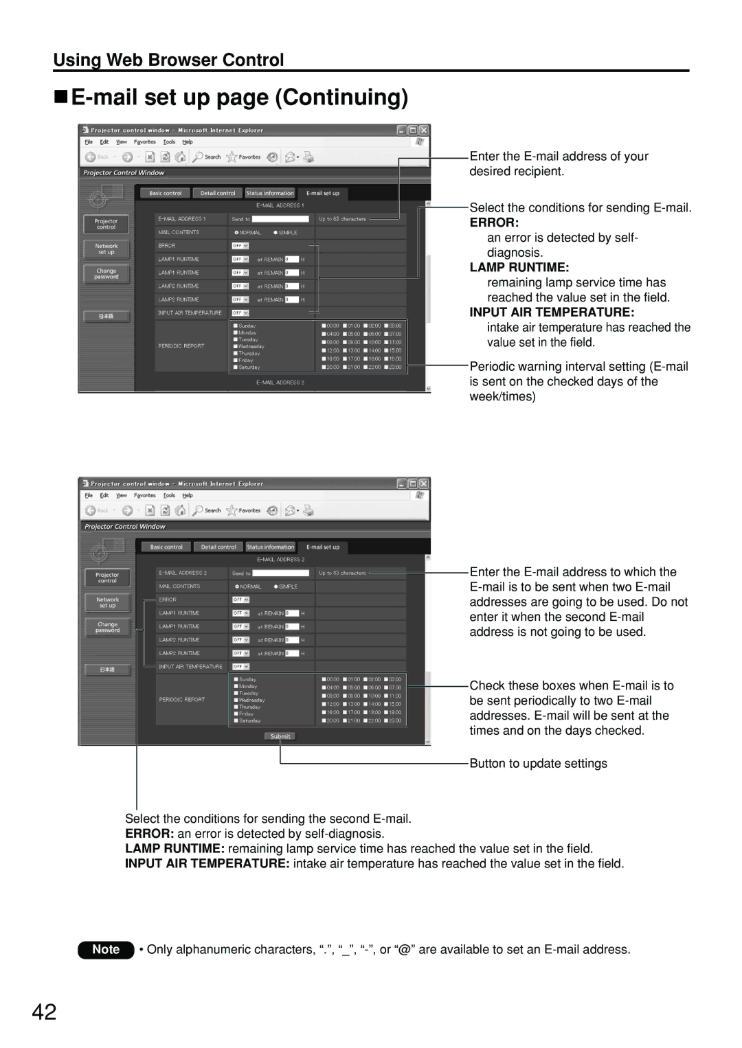 Panasonic PT-D4000U manual Mail set up page Continuing 