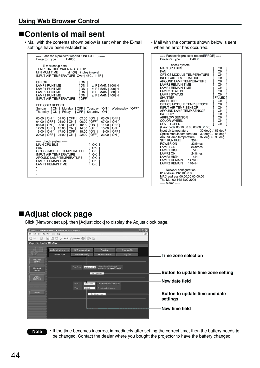 Panasonic PT-D4000U manual Contents of mail sent, Adjust clock 