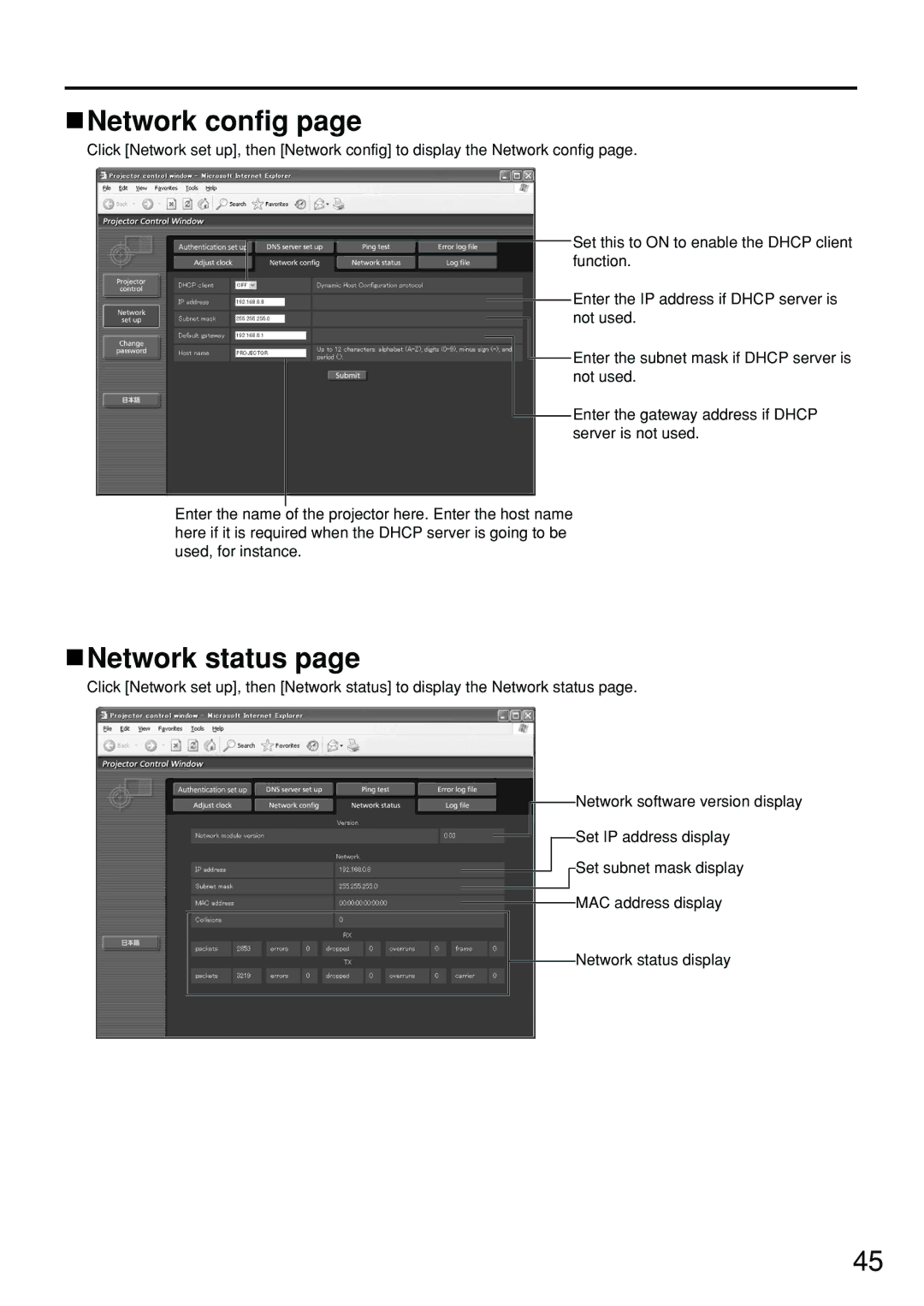 Panasonic PT-D4000U manual Network config, Network status 