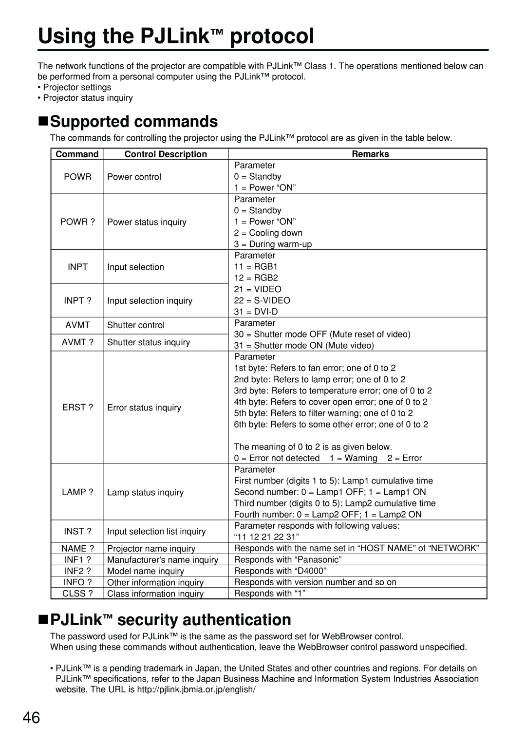 Panasonic PT-D4000U manual Using the PJLink protocol, Supported commands, PJLink security authentication 